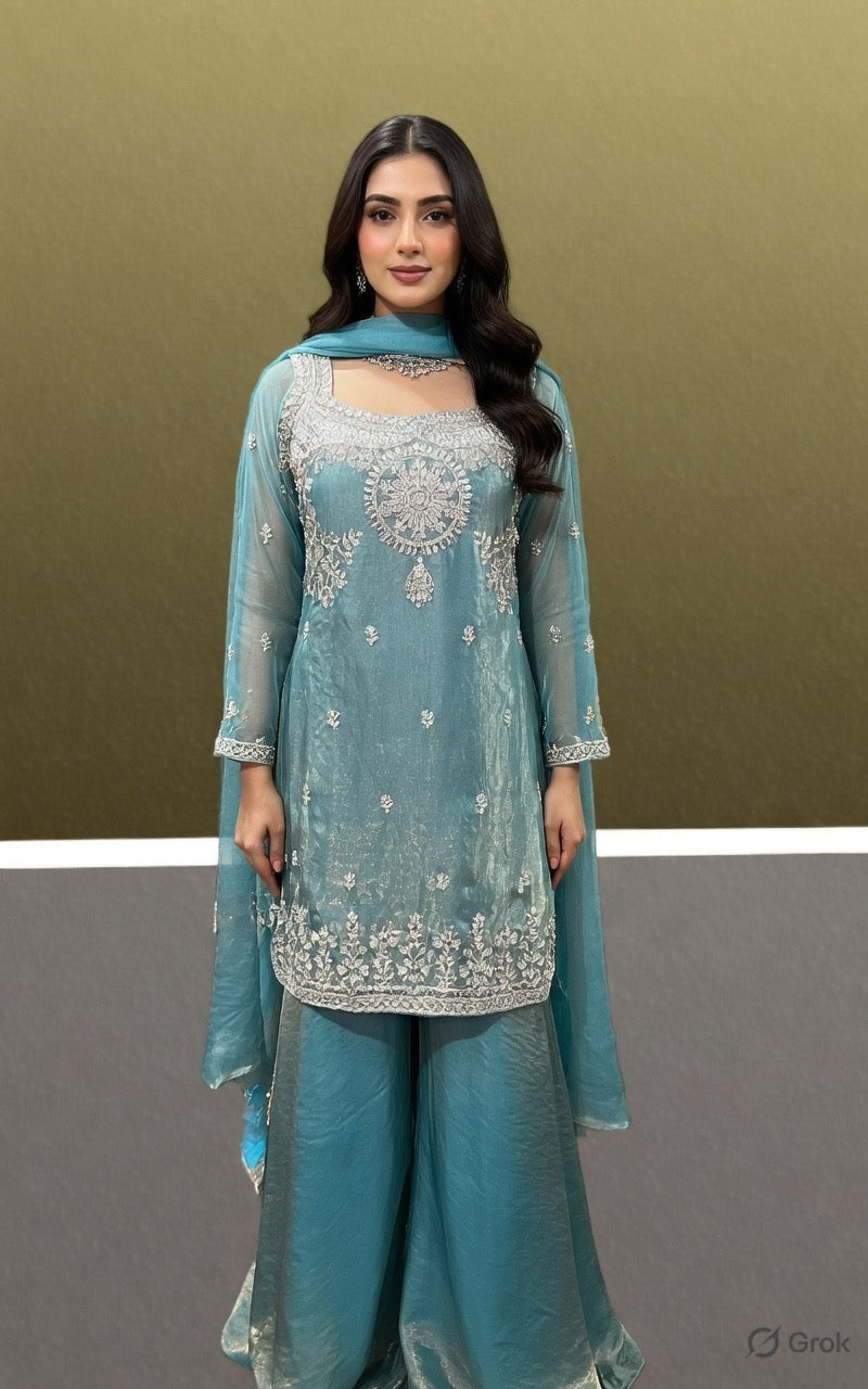 Teal Embroidered Suit Set with Dupatta