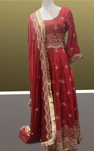 Deep Red Embroidered Anarkali Salwar Suit with Dupatta