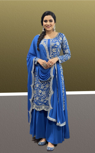 Royal Blue Embroidered Suit Set with Dupatta