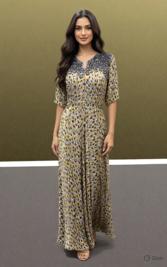 Flowy Designer Maxi Dress with Statement Neck Detail
