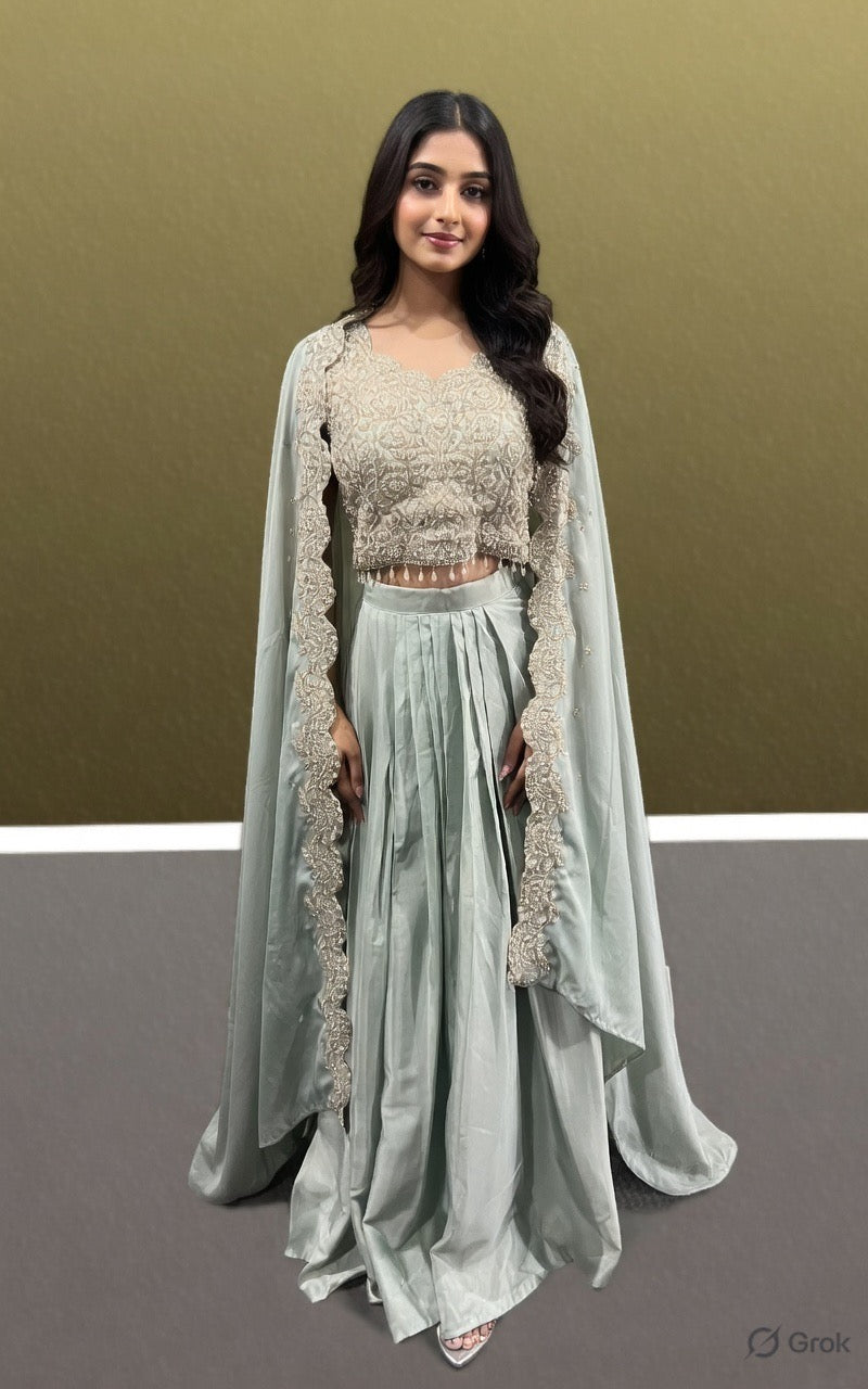 Mint Green Embellished Skirt Set with Cape
