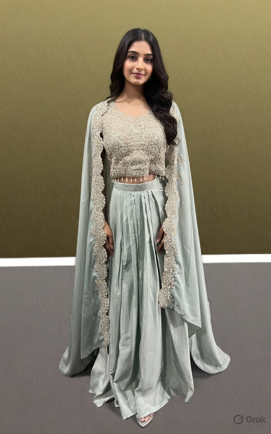Mint Green Embellished Skirt Set with Cape