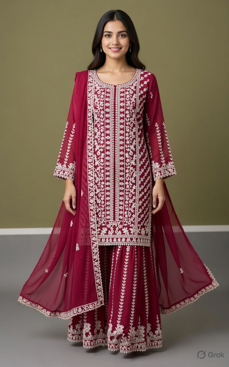 Royal Mehroon Embroidered Sharara Set with Dupatta