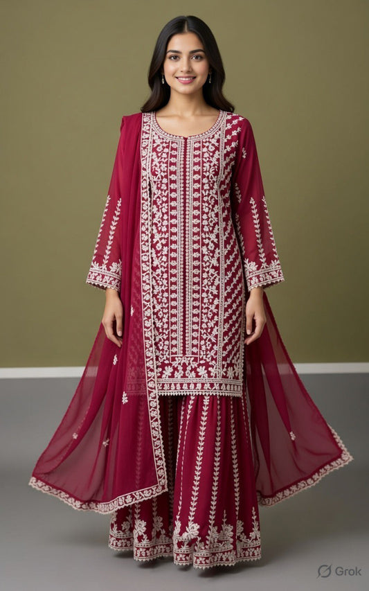 Royal Mehroon Embroidered Sharara Set with Dupatta