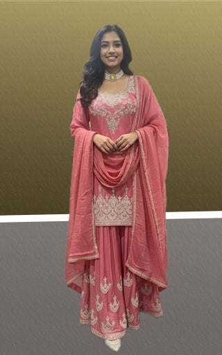 Rose Pink Embroidered Sharara Set with Dupatta