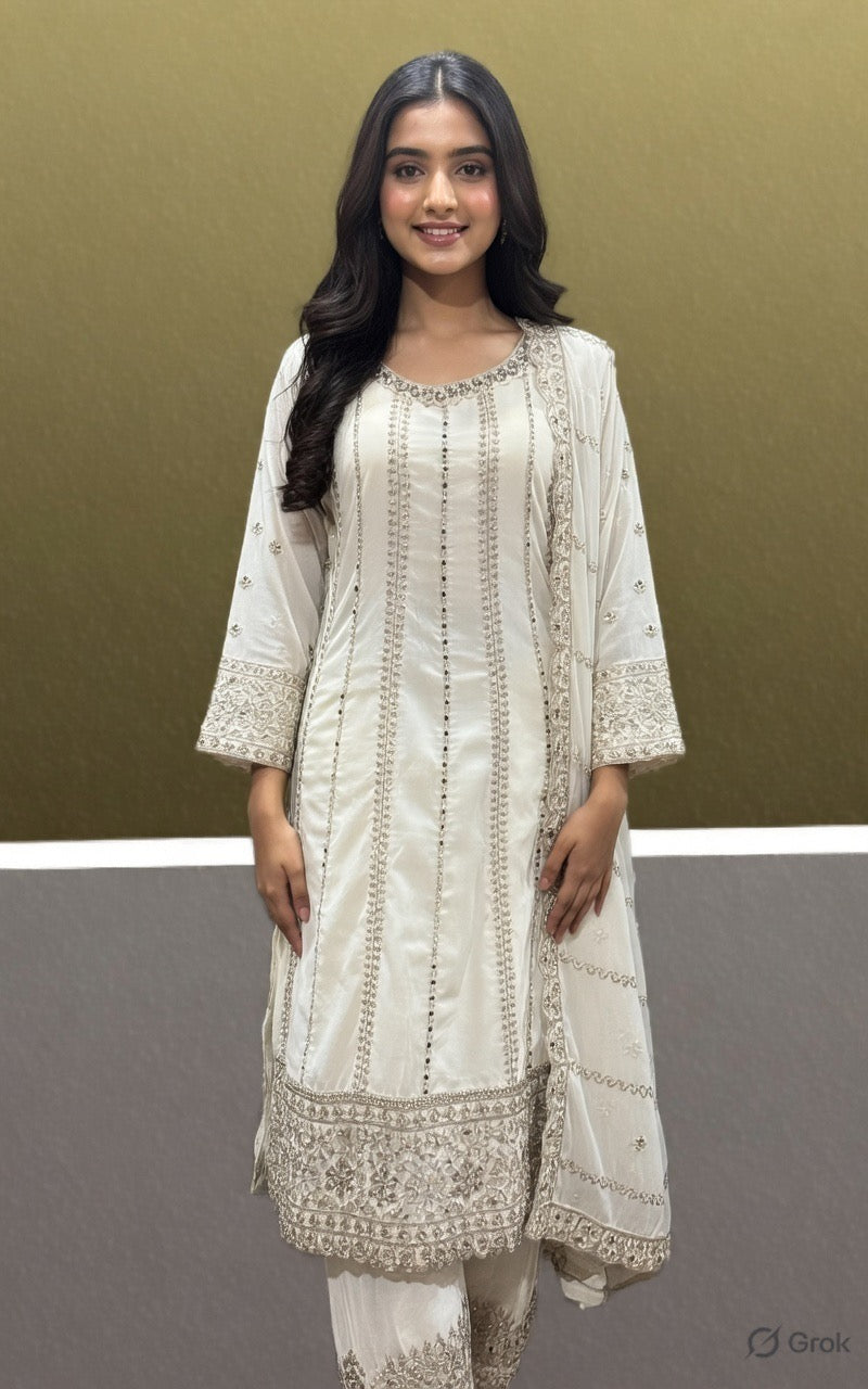 Ivory Mirror Work Anarkali Suit with Sharara