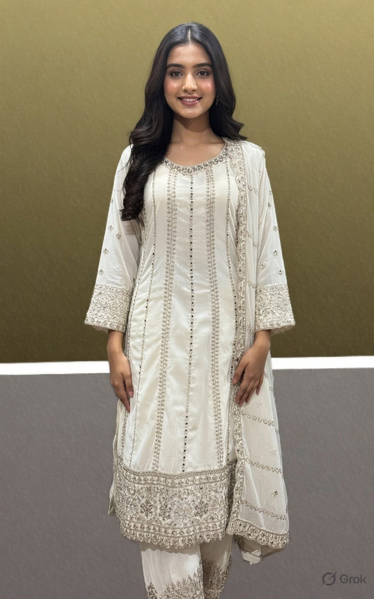 Ivory Mirror Work Anarkali Suit with Sharara